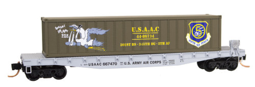 MTL04500508 N Scale 50' Steel Flatcar w/40' Container Load - Ready to Run -- USAAC #667470 (Special Delivery, #8 in WWII Nose Art Series) MTL04500508 N Scale 50' Steel Flatcar w/40' Container Load - Ready to Run -- USAAC #667470 (Special Delivery, #8 in WWII Nose Art Series)