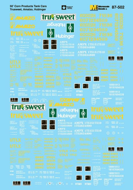 (SO) 87-502 Private Owner Freight Cars -- 50' Tank Cars Tru-Sweet, Hubinger, Amaizo 1985+