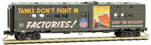 11800170  50' Troop Kitchen Car - Ready to Run -- US Army 19417 (green, "Tanks Don't Fight" UP WWII Poster Series Car 7)