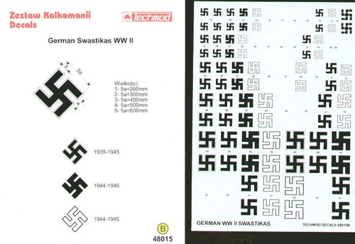 48015 Luftwaffe/German Swastikas. Five sizes 250, 300, 400, 500, 600mm and six styles. See also Xtradecal X48019 for alternative Swastikas. 1:48