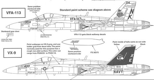 480713 Decal - McDonnell-Douglas F/A-18C Hornet (2) 164976 XE/400 VX-9 black fin/yellow trim; 164638 NK/304 VFA-113 Stingers USS Abraham Lincoln  1:48