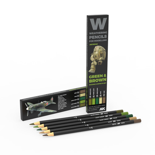 AKI10040 Weathering Pencils: Green & Brown Shading &  Effects Set (5 Colors)