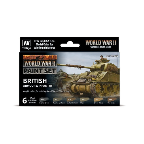 VLJ70204 - WWII British Armour & Infantry Model Color Paint Set, 1/2 fl. oz. bottles, 6 Colors
