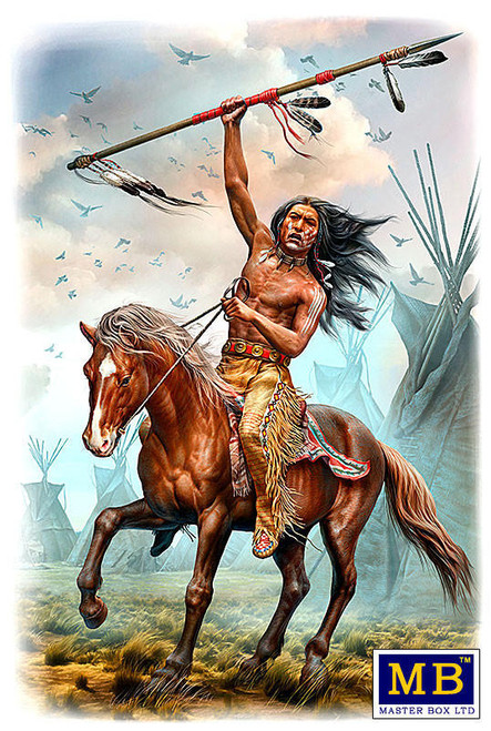 (SO) 1/24 Master Box Running Bear Buffalo Hunter Indian Holding Spear Riding Horse