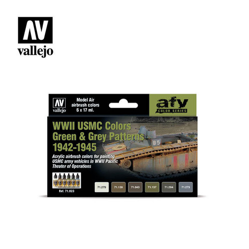 (SO) Vallejo Paint 17ml Bottle WWII USMC Green & Grey Patterns 1942-1945 Model Air AFV Paint Set (6 Colors)