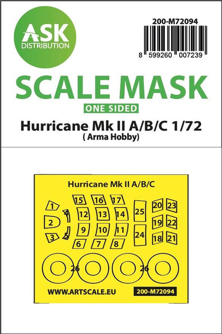 (SO) 1/72 Art Scale Hawker Hurricane Mk.II A/B/C one-sided fit express mask for Arma Hobby