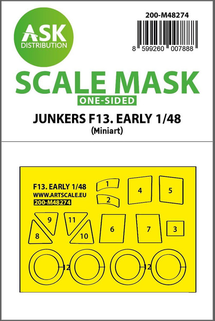 (SO) 1/48 Artscale Junkers F 13 early production one-sided express fit mask for Miniart