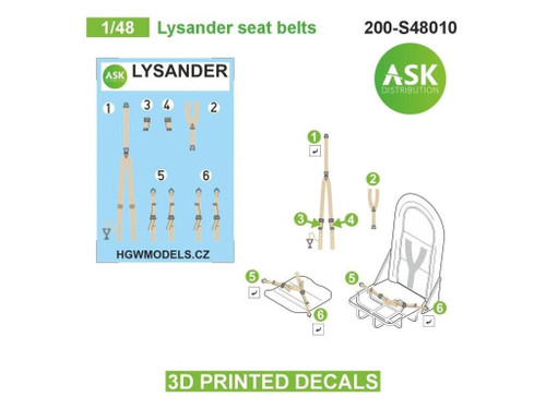 (SO) 1/48 Art Scale Lysander seat belts - 3D 3Ded decals by ASK