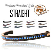 Beautiful Brilliance Straight Browbands by Beasties™.  Shown here in the optional STRAIGHT shape.  The straight browband is an excellent choice for most horse heads.  If your horse has a long forehead, you might consider a V-SHAPE, WAVE or SKINNY WAVE shape to accentuate their face.  