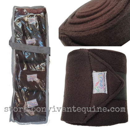 Dark Chocolate Mocca Brown Fleece Polo Wraps for Horses.  Comes in a set of four, packaged in a zippered poly storage bag...Great for storing and toting along to a horse show.
