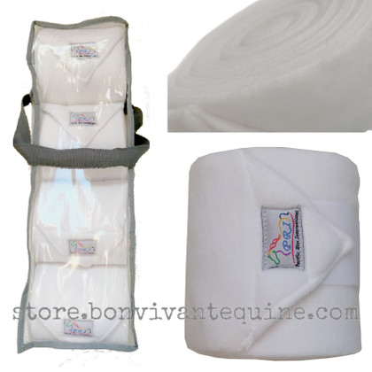 White Fleece Polo Wraps for Horses.  Comes in a set of four, packaged in a zippered poly storage bag...Great for storing and toting along to a horse show.