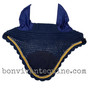 Navy Blue Horse Bonnets | Fly Veil | with White Crochet Border, Bling Trim and #25 Light Gold Rope/Cord Trim