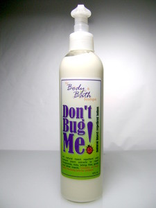 A bottle of Don't Bug Me bug repellant lotion all-natural