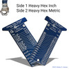 Navy blue wallet-size HexSizer Heavy Hex Gauge, metric side, nuts 32 mm to 120 mm and studs M22 to M76