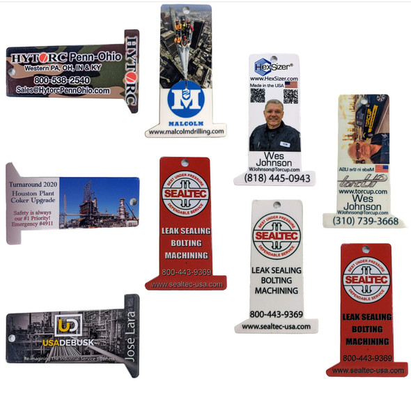 Here are actual samples from previous HexSizer promotional keychain samples we have made.