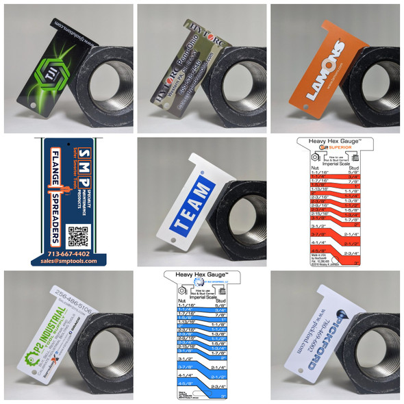 Full-color private-label HexSizer Heavy Hex Gauges made for different companies