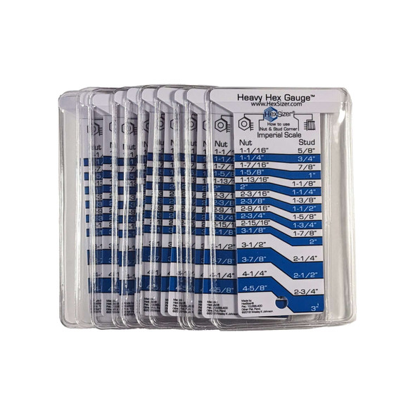 Ten (10) pocket tool Heavy Hex Gauges made of plastic.