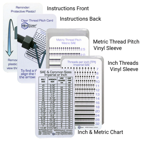 SAE Clear Card Thread Checker set: inch and metric clear cards in vinyl sleeves, instruction card and SAE and common sizes chart