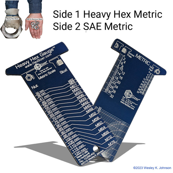 This nut and bolt gauge can measure Metric Heavy Hex on front and SAE sizes on back. This nut and bolt gauge can measure Metric Heavy Hex on front and SAE sizes on back.