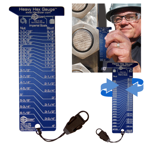 Metal 6-1/8" Heavy Hex Gauge with tether, inch heavy hex scale, shown in us