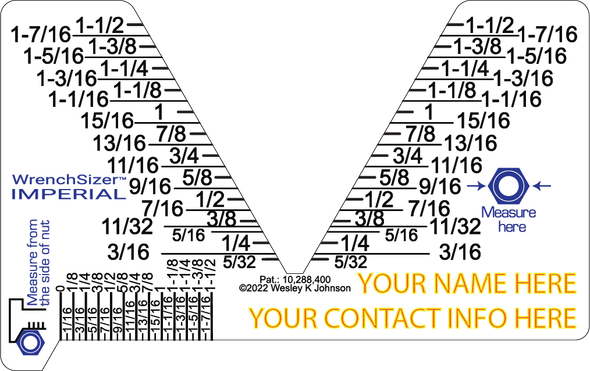 Custom WrenchSizer layout showing the print area for your name and contact info
