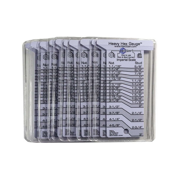 Ten (10) Heavy Hex Gauges with 10 Pack with tool pocket - Gray on White - Plastic. Ten (10) Heavy Hex Gauges with 10 Pack with tool pocket - Gray on White - Plastic.