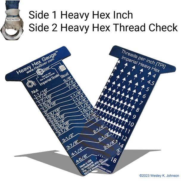 Heavy Hex Inch HexSizer: nut and stud scales on the front, inch thread profiles laser engraved on the back