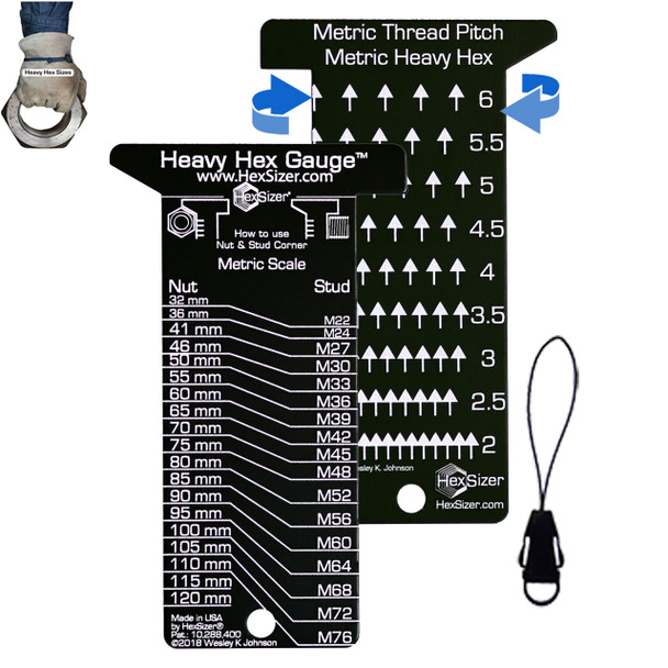 Anodized aluminum laser etched. Metric Heavy Hex on front. On back are thread pitches as a thread checker for the Metric Heavy Hex sizes.