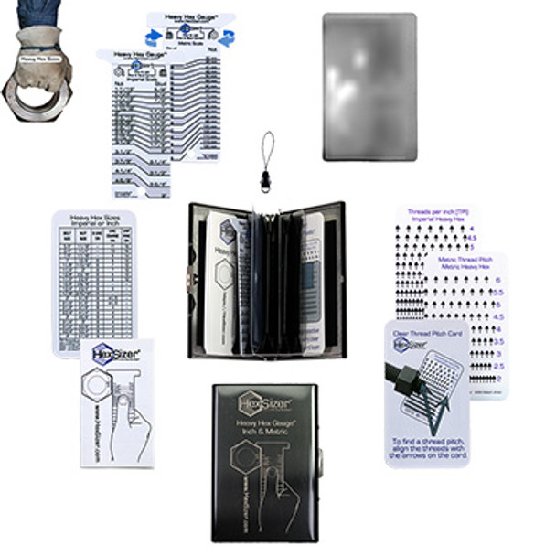 A plastic Heavy Hex Gauge Inch on front/Metric on back, Magnifier, 1 Detachable Tether, Size Reference Chart, Instructions, Inch Clear Card Thread Checker, Metric Clear Card Thread Checker, Instructions for the Clear Card, in a really nice case.