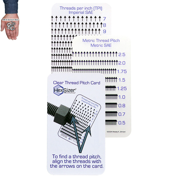 Comes with the Clear Card Thread Checker for Imperial and Metric Hex Sizes and the instruction card for use.
