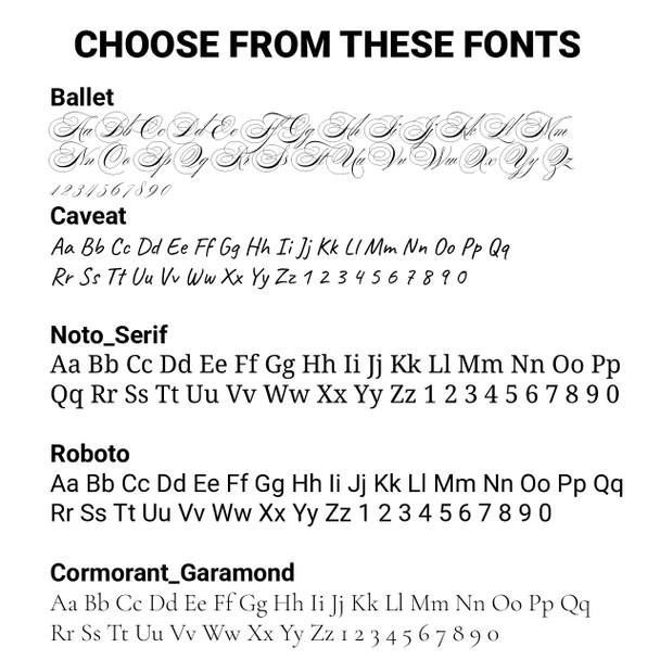 Font Samples for imprinting your contact information.