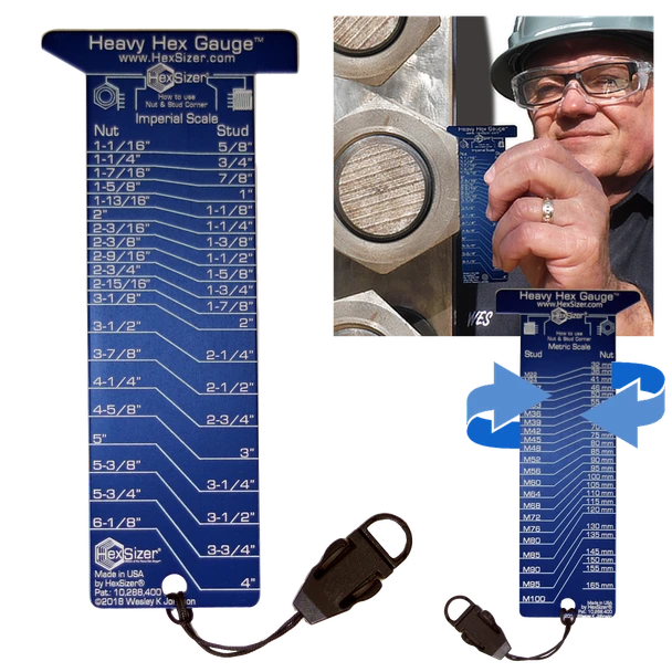 Metal 6-1/8" Heavy Hex Gauge with tether, inch heavy hex scale, shown in us