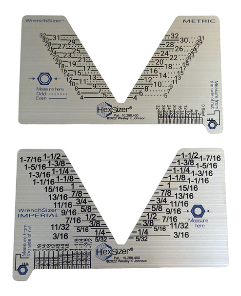 Stainless steel WrenchSizer, imperial side 5/32" to 1-1/2" and metric side 4 mm to 32 mm