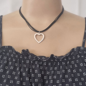 Fine Black Thong Necklace  with smooth burnished silver heart pendant