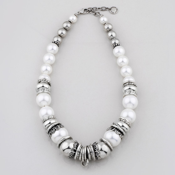Lustrous white shell pearl and silver bead necklace accentuated with smooth burnished silver plated rings