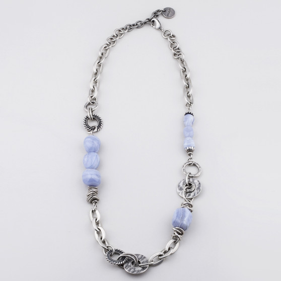 Mixed chain and textured link burnished silver necklace adorned with blue lace agate semi-precious stones - 69 cm plus extender