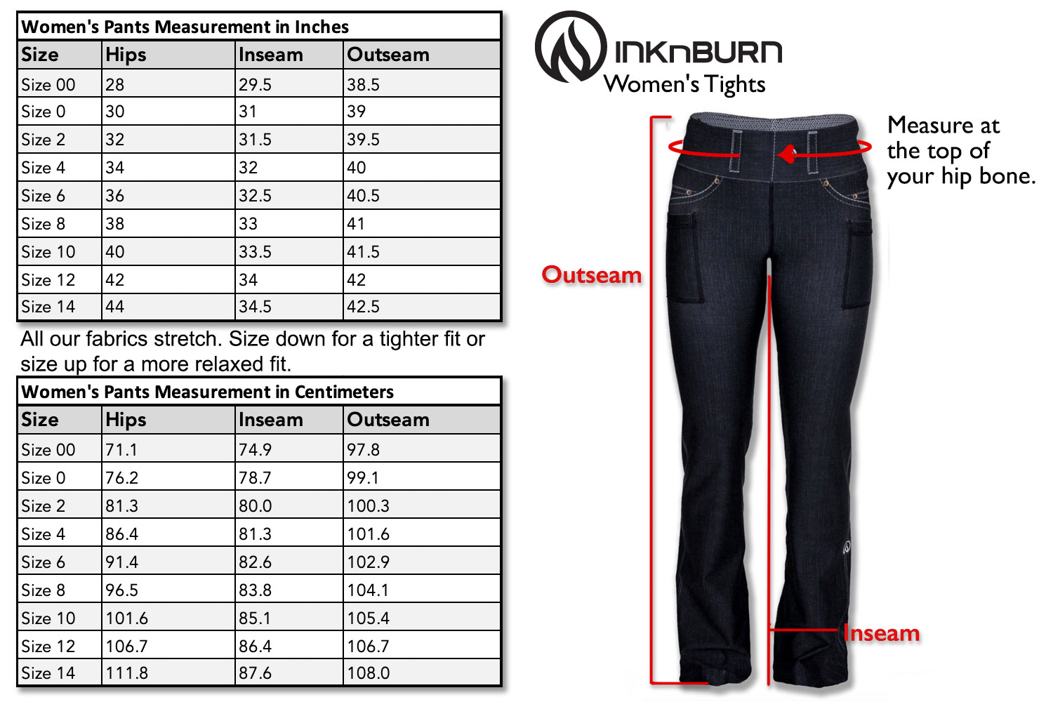 women's yoga pants size chart