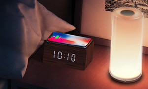 Multi-function Alarm Clock BenchMart Wireless Charger & Wooden LED Alarm Clock with Voice Control
