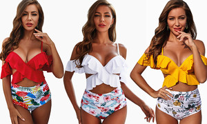 Off shoulder cross front ruffle high waist tankini