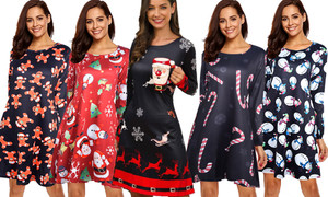 Long Sleeve Christmas Theme Swing Dress 3406