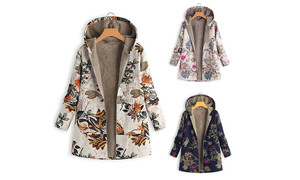 Women warm thick plush coat jacket floral print hooded retro jacket