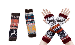 Women Arm Gloves - Winter Fingerless Christmas Gloves Warm Wrists Mittens Christmas Arm Gloves Middle Long Knitted Fingerless Gloves With Pattern Tree Snowflake Deer-LA