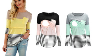 Women's Long Sleeve Nursing Tops Back Lace Striped Breastfeeding Shirt-1098la