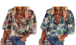 2306   NEW-Ladies' Tops Lapel Collar Printed Long Sleeves LA 6798