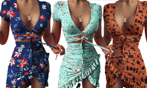 NEW-short sleeve flounce hem Wrap V neck show waist tight Bohemian floral dresses women summer casual beach-LA