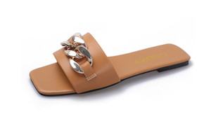 New-Slippers Women Summer Ladies Square Toe Flat Slides Fashion Metal Decoration Sandals Beach Lady Shoes3507