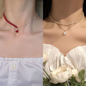 New-Pearl Choker Necklace Cute Double Layer Chain Pendant0008-LA
