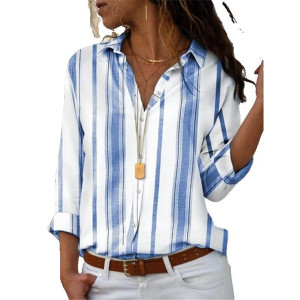 NEW-Women Autumn V Neck Stripe Casual Long Sleeves Tops Loose Plsu Size Print Shirt0065-LA