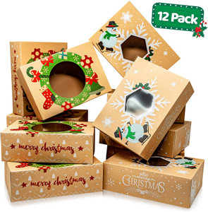 12pcs Christmas Themed Kraft Gift Box with Clear window