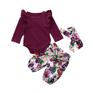 BRA-Autumn Winter Fashion Cute Infant BabyGirls Clothes Solid Ruffles Romper Bodysuit+Floral Pant+Headband 